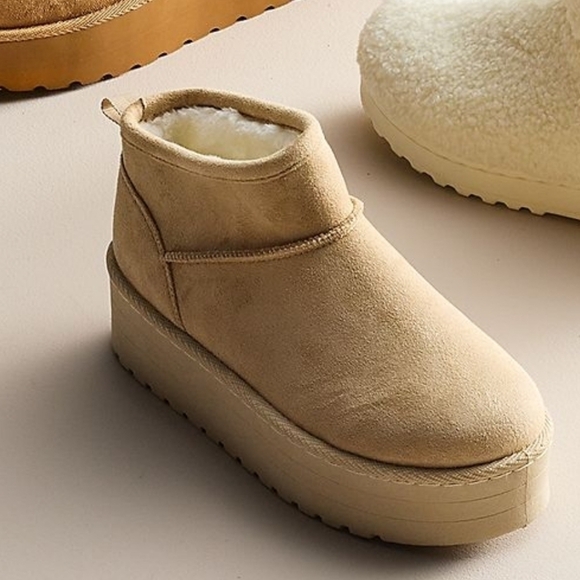 New! Chunky Platform Faux Fur Tan Winter Ultra Low Mini Boots - Picture 1 of 11